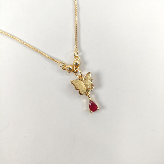 Golden Butterfly Necklace with Teardrop Red Gemstone