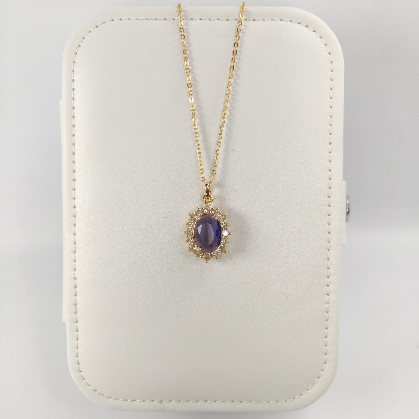 Royal Blue Oval Pendant Necklace with Crystal Halo