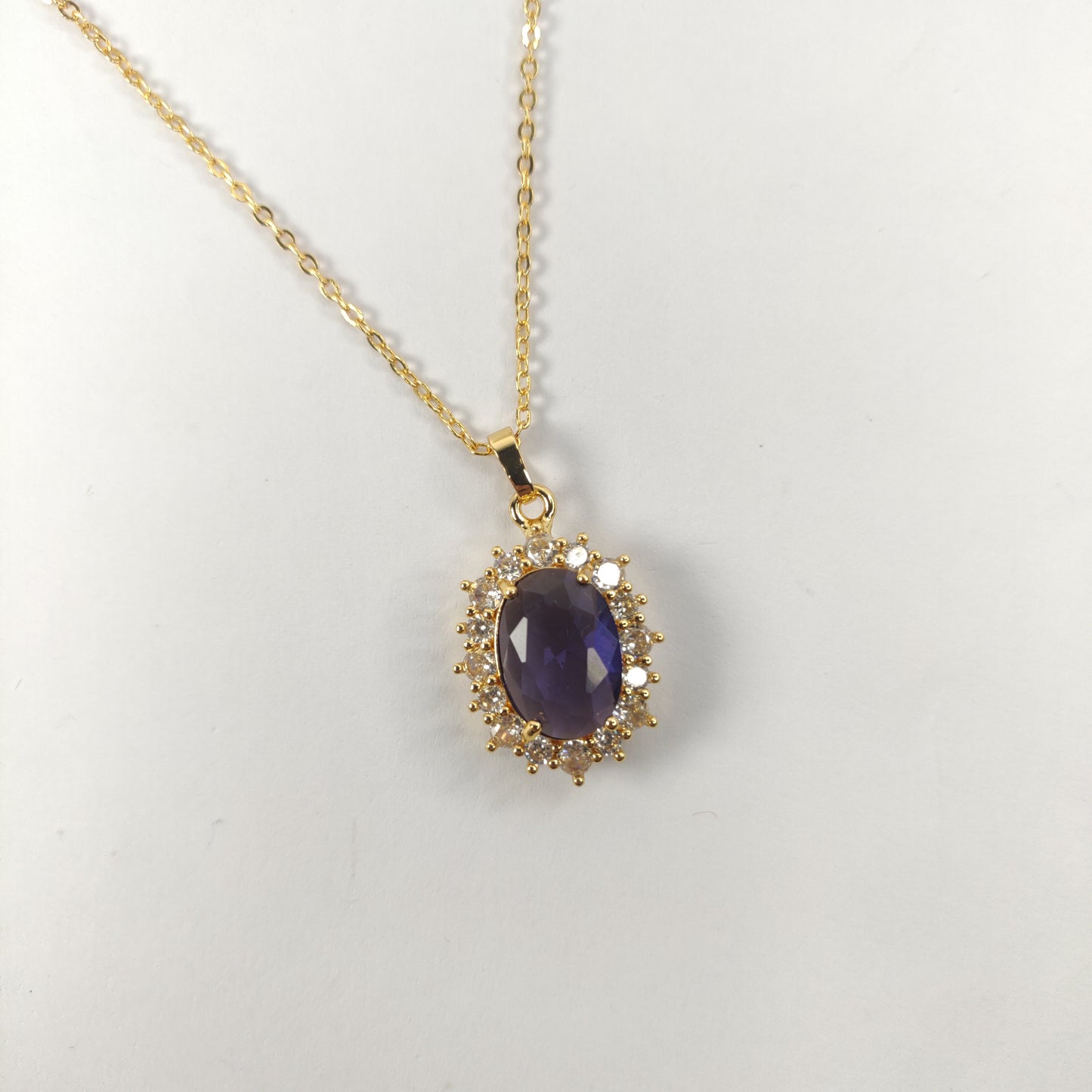 Royal Blue Oval Pendant Necklace with Crystal Halo