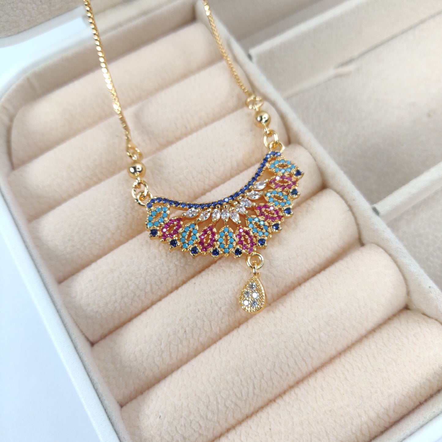 Gold-Toned Necklace with Colorful Gemstone Pendant