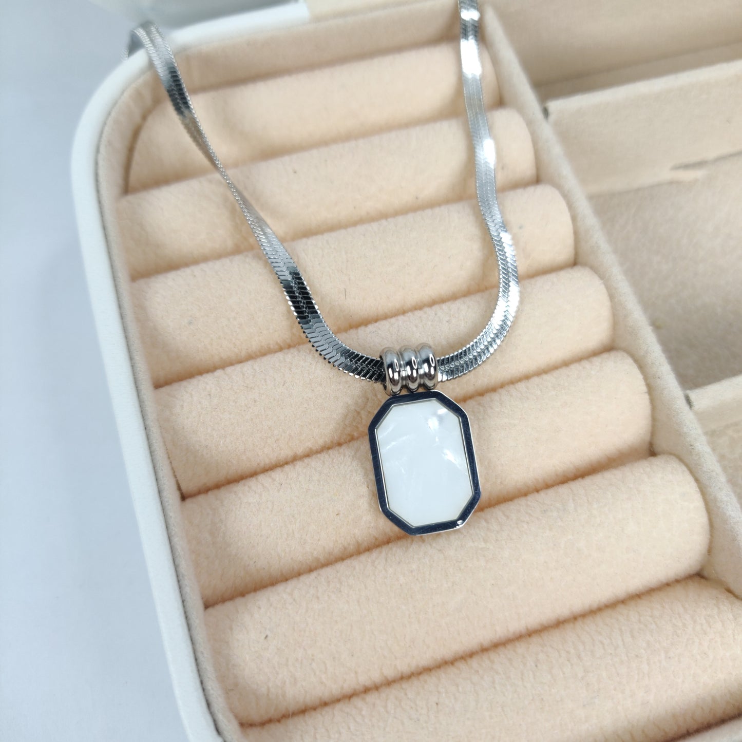 Silver Snake Chain Necklace with Rectangular White Pendant