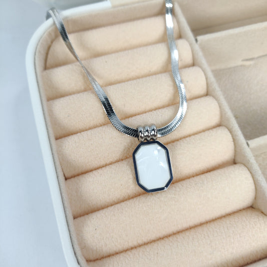 Silver Snake Chain Necklace with Rectangular White Pendant