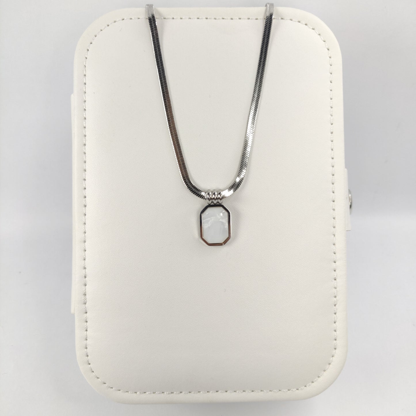 Silver Snake Chain Necklace with Rectangular White Pendant