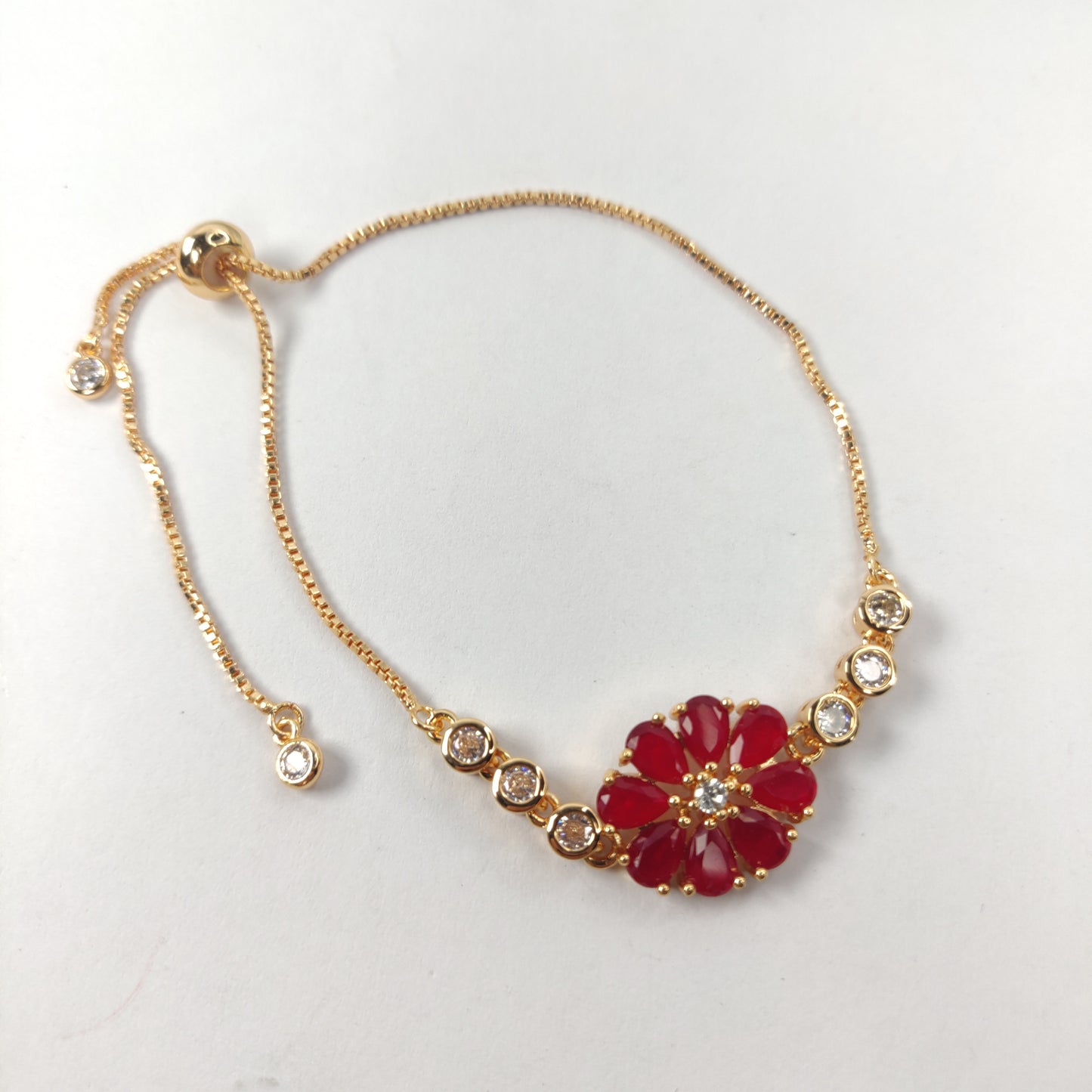 Adjustable Bracelet with Red Gemstone Flower Cluster & Clear Crystals