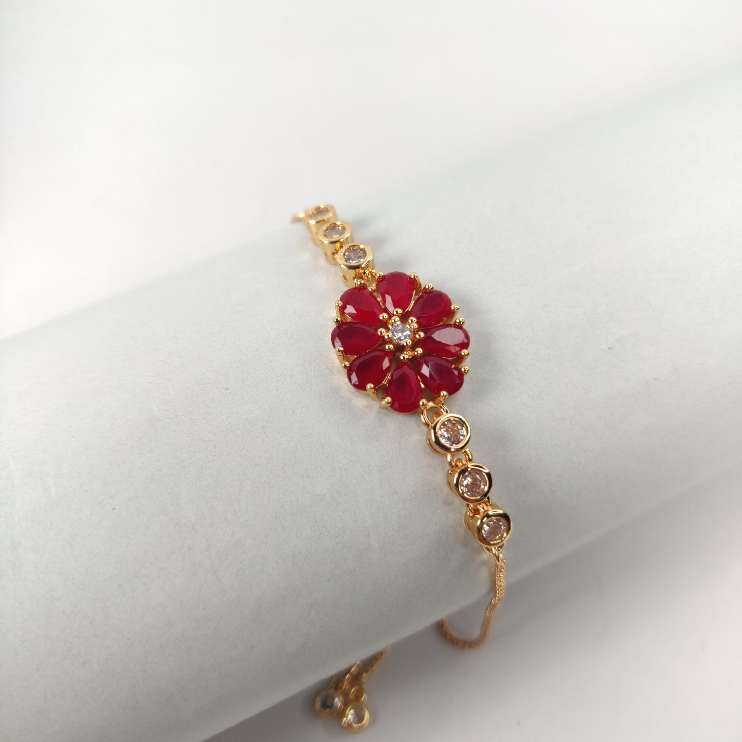 Adjustable Bracelet with Red Gemstone Flower Cluster & Clear Crystals