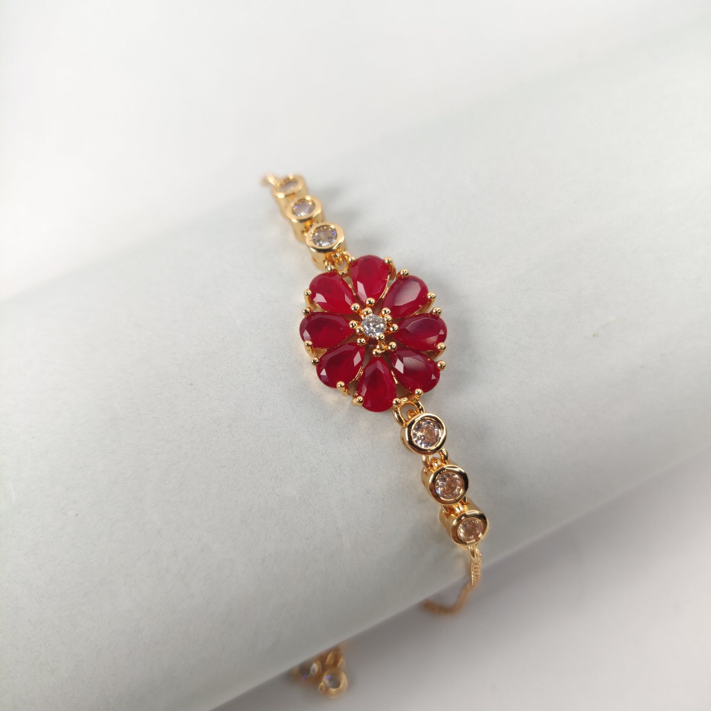 Adjustable Bracelet with Red Gemstone Flower Cluster & Clear Crystals