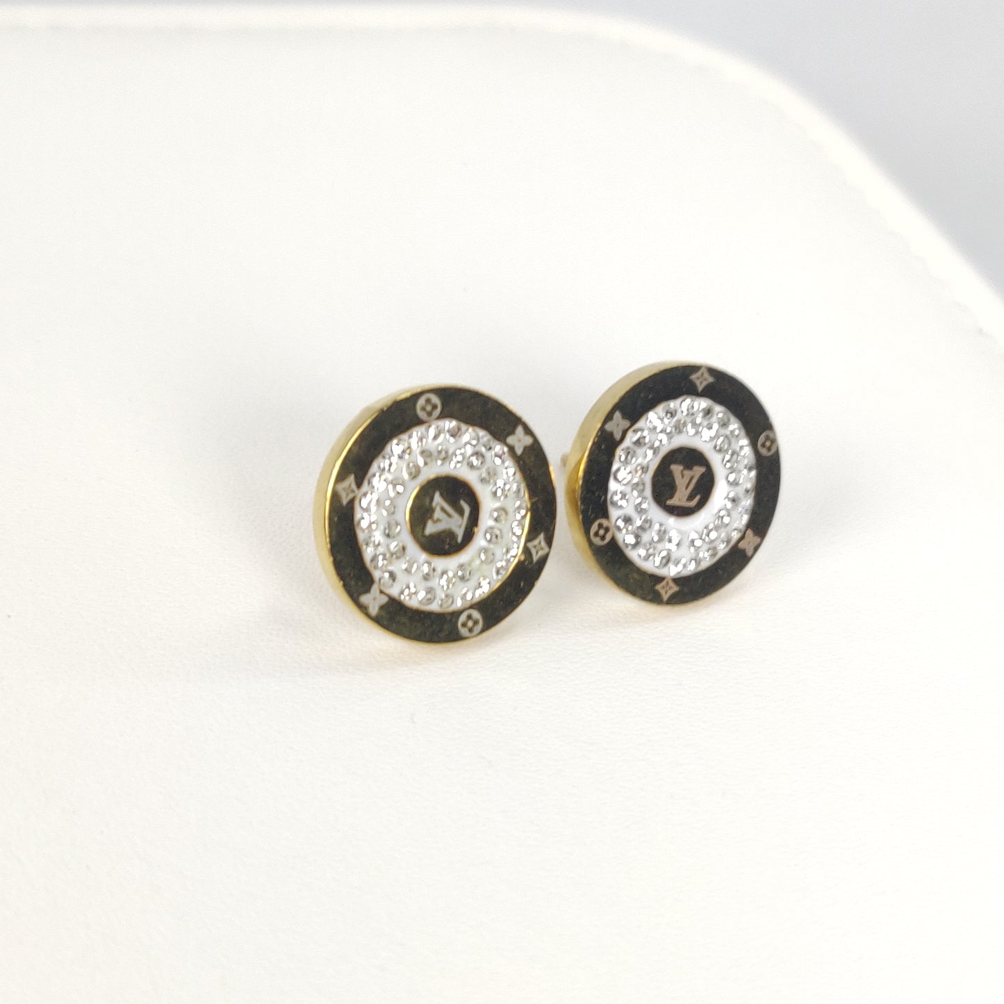 Louis Vuitton Inspired Crystal-Embellished Round Stud Earrings