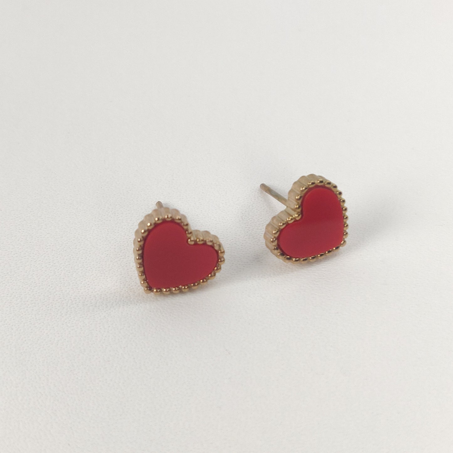 Heart-Shaped Stud Earrings with Red Enamel