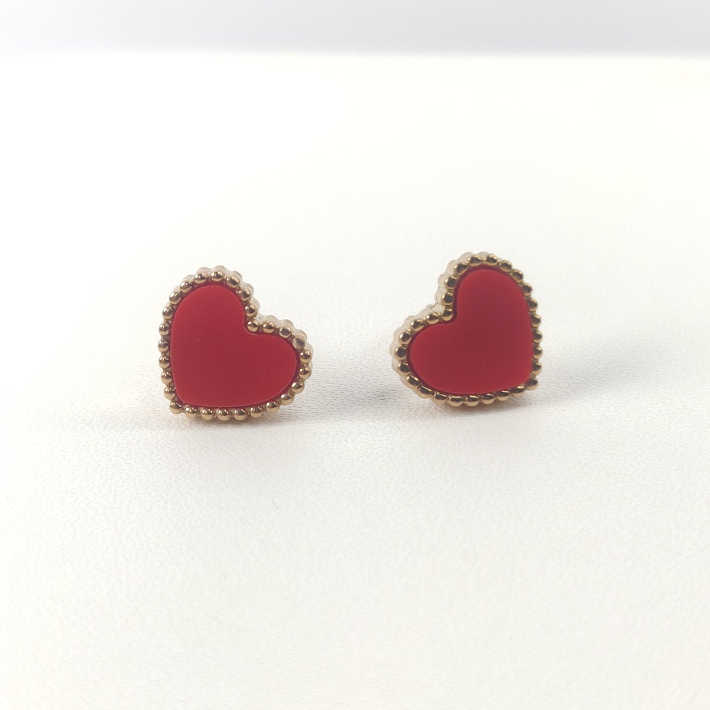 Heart-Shaped Stud Earrings with Red Enamel