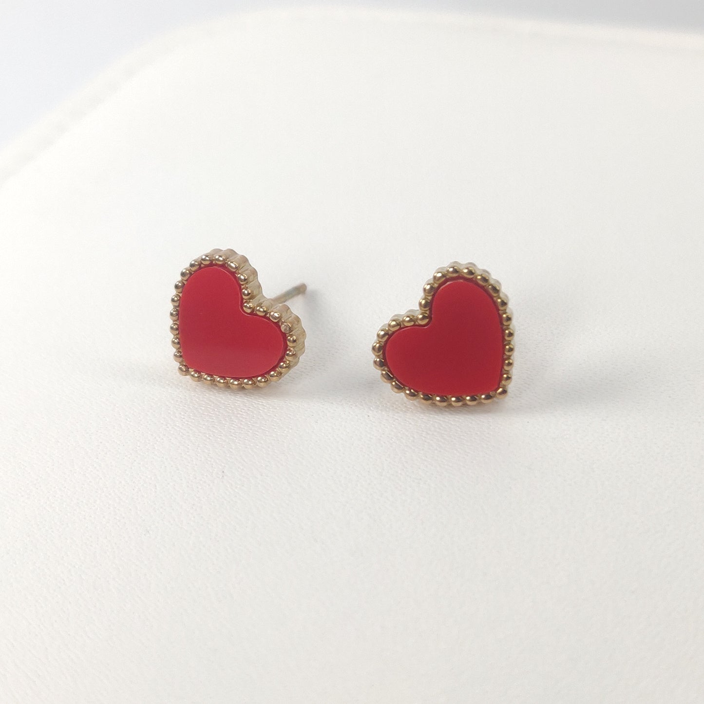 Heart-Shaped Stud Earrings with Red Enamel